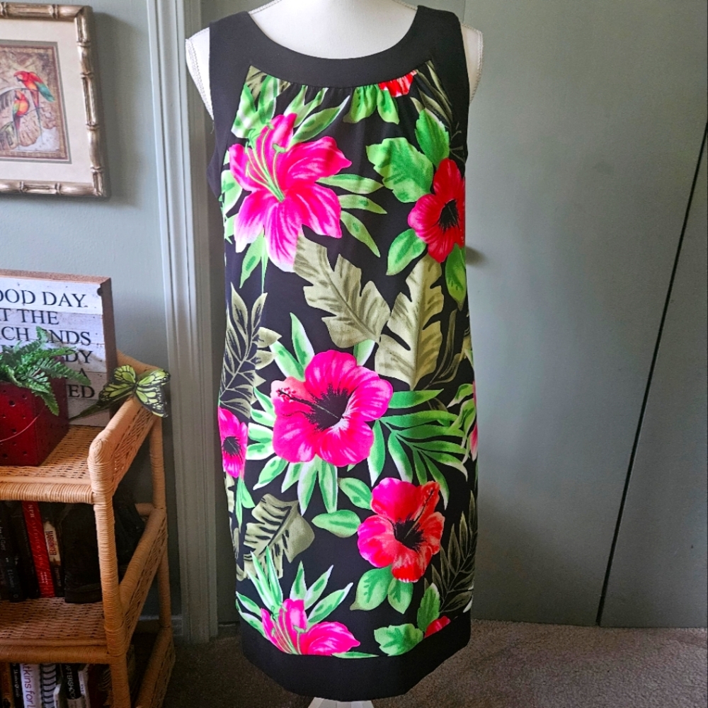 AGB Sleevelss Hawaiian Floral Midi Shift Dress Women 10 Black Green Pink